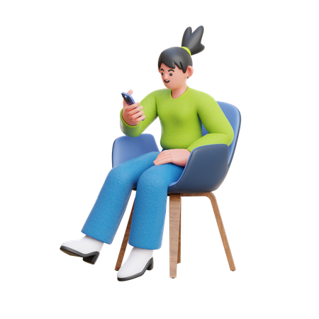 Mujer mira el teléfono inteligente sentado en una silla  3D Illustration