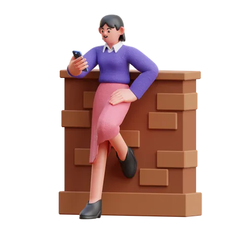 Mirada femenina al teléfono inteligente apoyado en la pared  3D Illustration