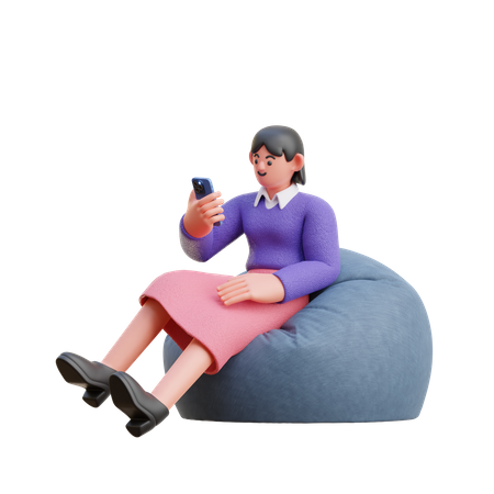 Mirada femenina al teléfono inteligente sentado en una bolsa de frijoles  3D Illustration