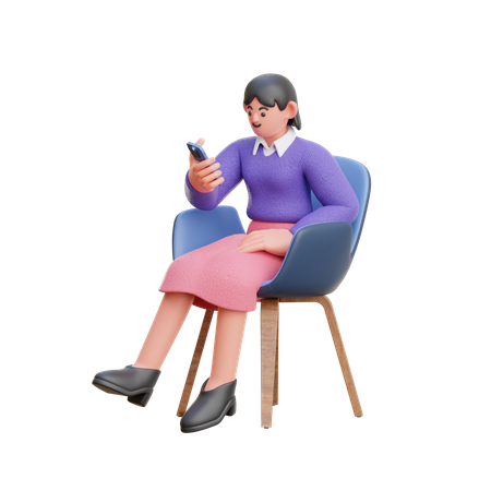Mirada femenina al teléfono inteligente sentado en una silla  3D Illustration