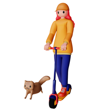 Mujer montando scooter con gato  3D Illustration