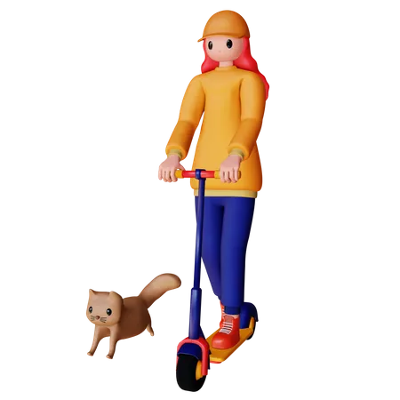 Mujer montando scooter con gato  3D Illustration