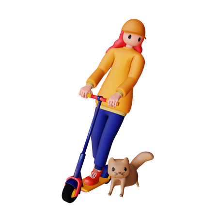 Mujer montando scooter eléctrico con gato  3D Icon