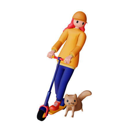 Mujer montando scooter eléctrico con gato  3D Illustration