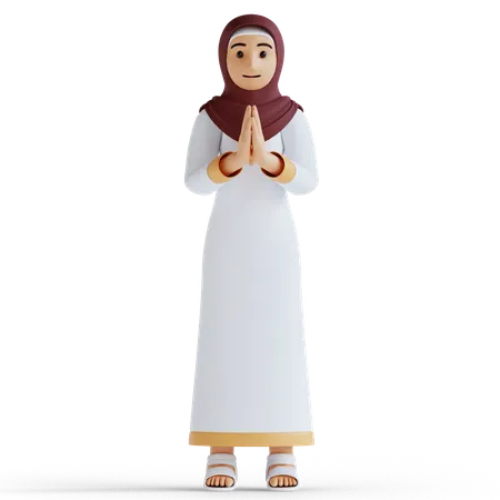 Renderizado 3 D Renderizado 3 D De Mujeres Musulmanas Con Namaste Pose Eid Al Fitr O Ramadan 3D Illustration