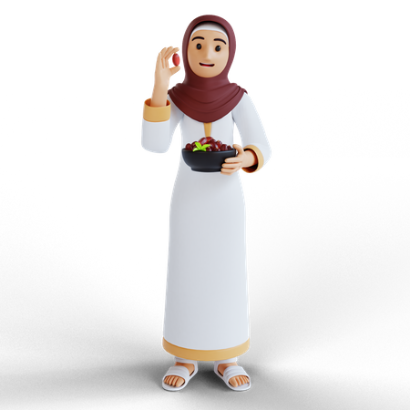 Mujer musulmana con takjil de comida de Ramadán  3D Illustration