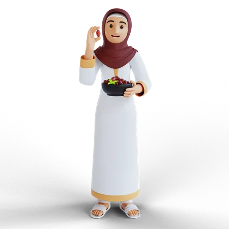 Mujer musulmana con takjil de comida de Ramadán  3D Illustration