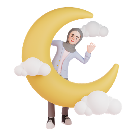 Mujer musulmana parada junto a la luna creciente para dar la bienvenida al Ramadán  3D Illustration