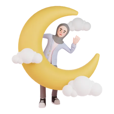Mujer musulmana parada junto a la luna creciente para dar la bienvenida al Ramadán  3D Illustration