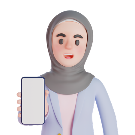 La mujer musulmana muestra la pantalla del teléfono inteligente en blanco  3D Illustration