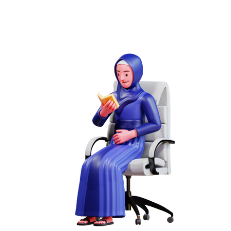 Mujer musulmana sentada en una silla mientras lee el Corán  3D Illustration