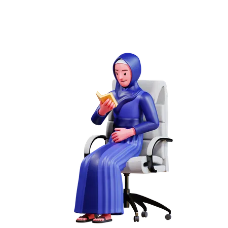 Mujer musulmana sentada en una silla mientras lee el Corán  3D Illustration