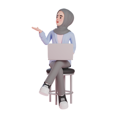 Mujer musulmana sentada y presentando con una computadora portátil  3D Illustration