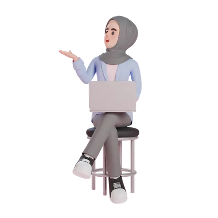 Mujer musulmana sentada y presentando con una computadora portátil  3D Illustration