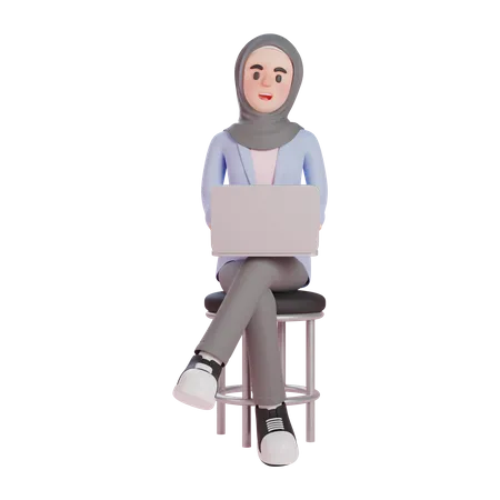 Mujer musulmana sentada y trabajando en una computadora portátil  3D Illustration