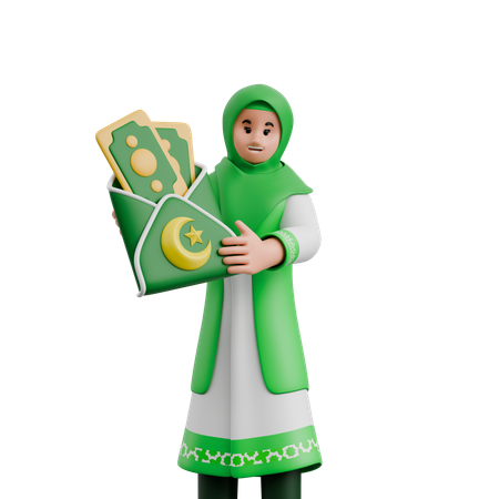 Mujer musulmana sosteniendo regalos y dinero  3D Icon