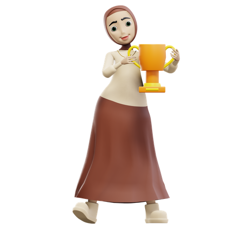 Mujer musulmana sosteniendo trofeo  3D Illustration