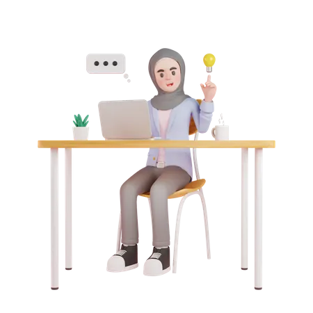 Mujer musulmana teniendo idea mientras trabaja en la computadora portátil  3D Illustration