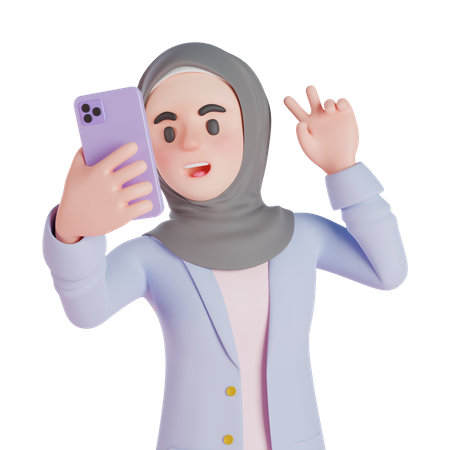 Mujer musulmana tomando selfie con smartphone  3D Illustration