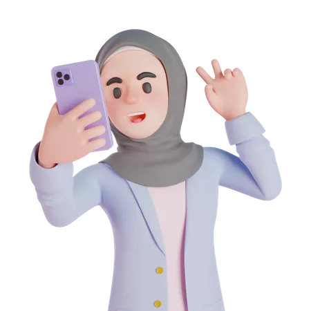 Mujer musulmana tomando selfie con smartphone  3D Illustration