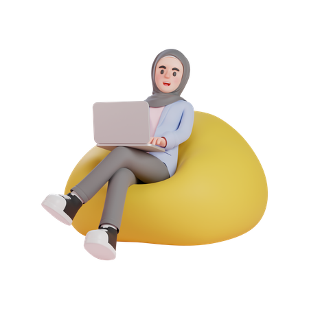 Mujer musulmana usando laptop en un puf  3D Illustration