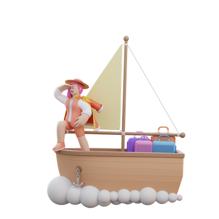 Mujer navega en barco  3D Illustration