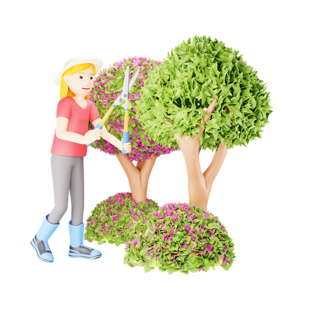 Mujer podando árbol pequeño  3D Illustration