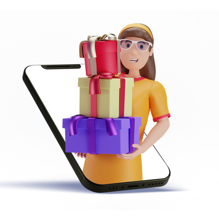 Mujer recibiendo regalos en línea  3D Illustration