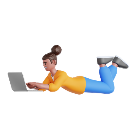 Mujer recostada y usando una computadora portátil  3D Illustration