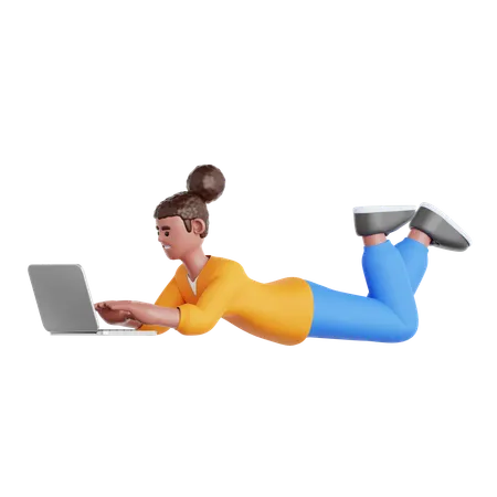 Mujer recostada y usando una computadora portátil  3D Illustration