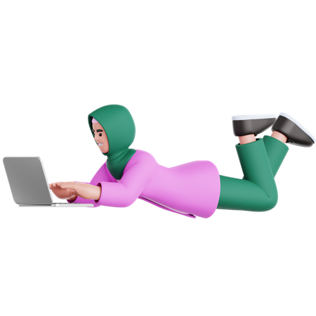 Mujer recostada y usando una computadora portátil  3D Illustration