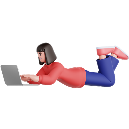 Mujer recostada y usando una computadora portátil  3D Illustration