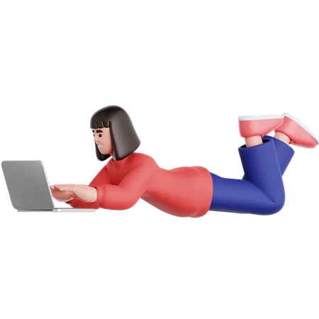 Mujer recostada y usando una computadora portátil  3D Illustration