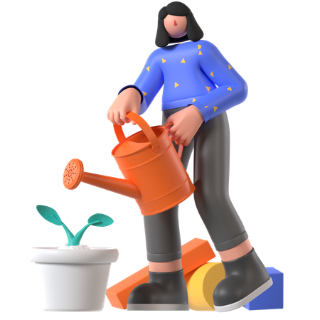 Mujer regando plantas  3D Illustration