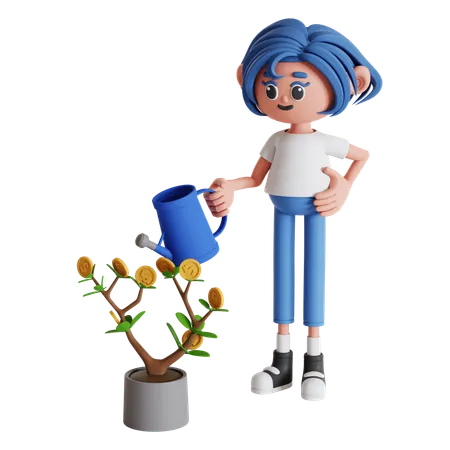 Mujer regando planta de inversión  3D Illustration