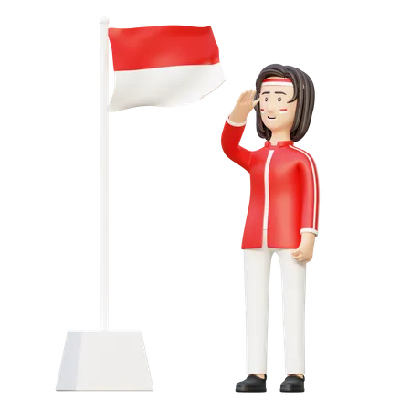 Mujer saludando la bandera de indonesia  3D Illustration