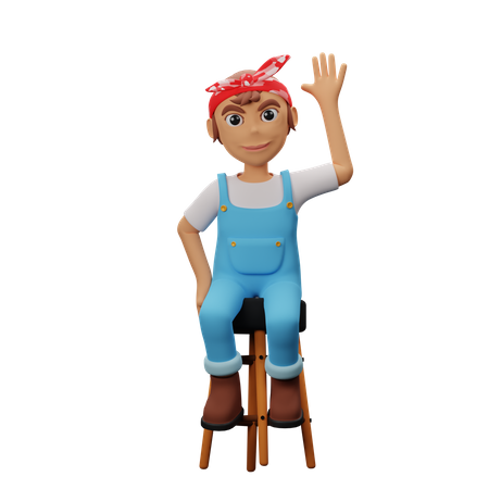 Mujer saludando mientras está sentada en la mesa  3D Icon