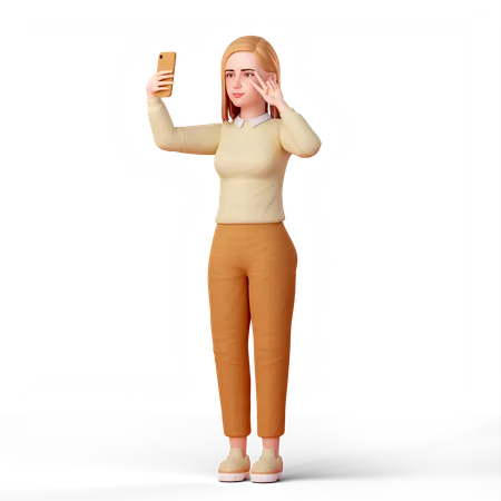 Mujer selfie con la mano de paz cerca del ojo  3D Illustration