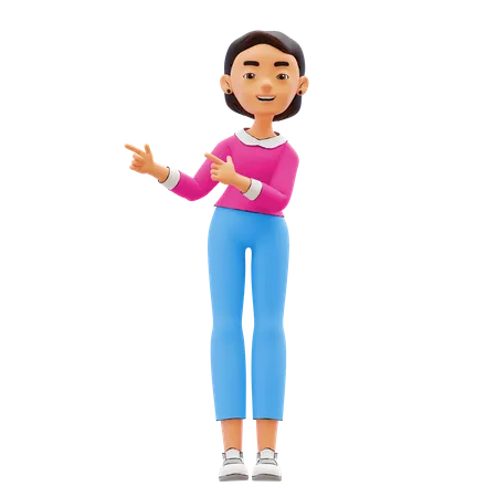 Mujer señalando con el dedo en el lado izquierdo  3D Illustration