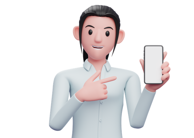 Mujer señalando con el dedo la pantalla del móvil en blanco  3D Icon