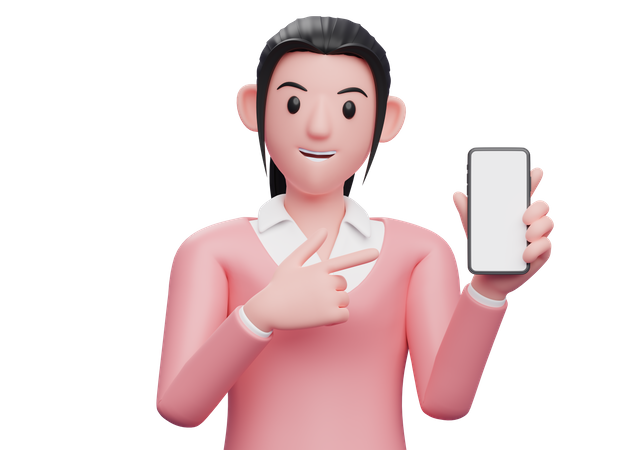 Mujer señalando con el dedo la pantalla del móvil en blanco  3D Illustration