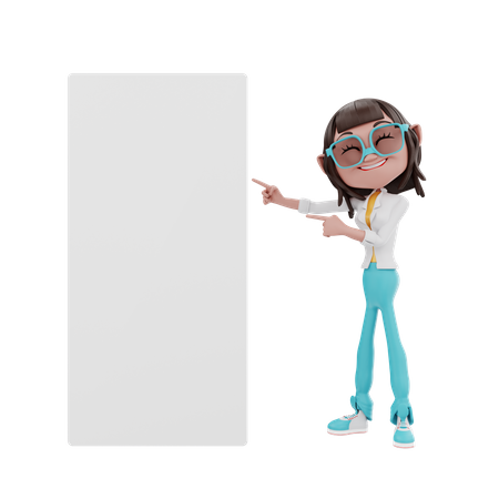 Mujer apuntando a un tablero en blanco  3D Illustration