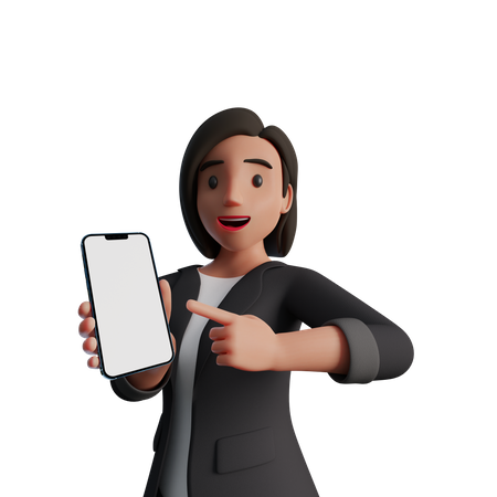 Mujer apuntando a una pantalla de teléfono inteligente en blanco  3D Illustration