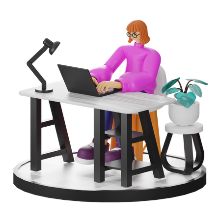 Mujer sentada en la mesa y trabajando en el escritorio  3D Illustration