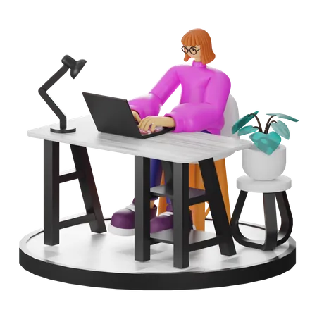 Mujer sentada en la mesa y trabajando en el escritorio  3D Illustration