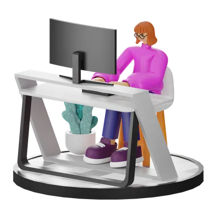 Mujer sentada en la mesa y trabajando en la computadora  3D Illustration
