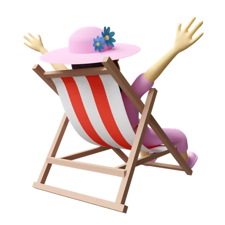 Mujer De Dibujos Animados De Caracter Sentado En Silla De Playa En La Playa De Verano Aislada Concepto De Viaje De Verano 3D Icon