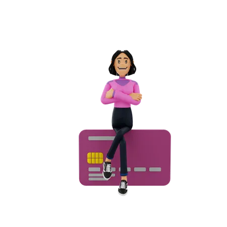 Mujer sentada sobre tarjeta bancaria  3D Illustration