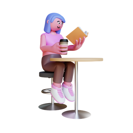 Mujer sentada en una silla leyendo un libro y sosteniendo un café  3D Illustration