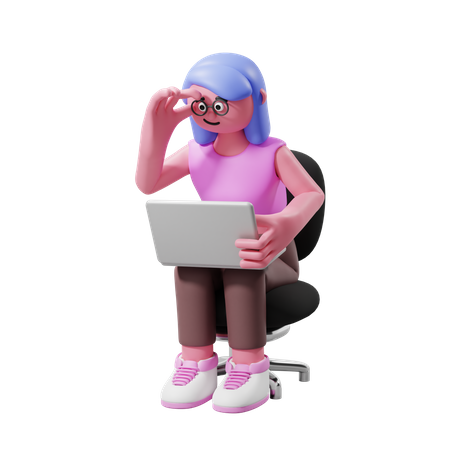 Mujer sentada en una silla y mirando la computadora portátil  3D Illustration